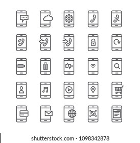 Editable simple line stroke vector icon set,Smartphones in various situations, phone calls, rejection, safety, multimedia, battery, voip and more.48x48 Pixel Perfect.