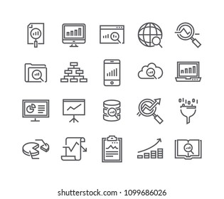 Editable Simple Line Stroke Vector Icon Set,Data Analysis Related Icons Collection, Graphs, Traffic Analysis, Cloud Computing, Big Data And More..48x48 Pixel Perfect.