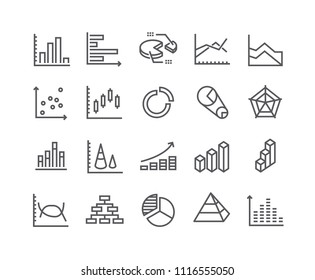 Editable simple line stroke vector icon set,Charts and Diagrams, 3D Chart, Dot Graph, Growth Bar and more. 48x48 Pixel Perfect.