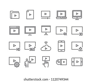 Editable Simple Line Stroke Vector Icon Set,Video Player, Video Streaming 4k,3D,HD TV And More. 48x48 Pixel Perfect.