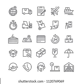 Editable simple line stroke vector icon set,Express Delivery, Tracking, delivery car, Logistics and more. 48x48 Pixel Perfect.