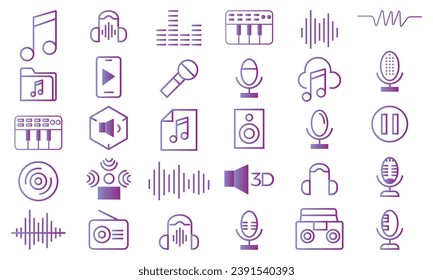 Editable simple line stroke vector icon set,  audio wave, speaker, Soundtrack, Sound wave, Headphone and more.