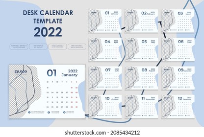 Editable simple minimalist desk calendar template 2022 with organic shape. Set of 12 months unique colorful table calendar for corporate or business. 