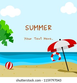 Editable Simple and Minimalist Summer Beach With Standing Umbrella, Float, Ball and Palm Tree Vector Illustration for Text Background