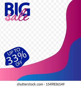 Editable simple modern social media post template for Big Sale. Digital banner 1x1, poster, digital layout with place for your photo or text. Blue and purple colors, gradient.