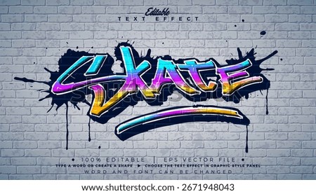 Editable Skate Graffiti Text Effect Design with Customizable Colorful Grunge Hand Drawn Street Art Font on Brick Wall Background. Vector Illustrator Graphic Style Premium Typography Lettering