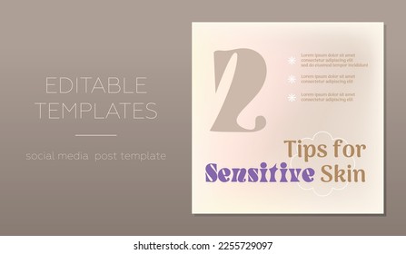 Editable skin care social media post template. Tips for sensitive skin template. Grainy gradient background. Vector, gradient mesh.