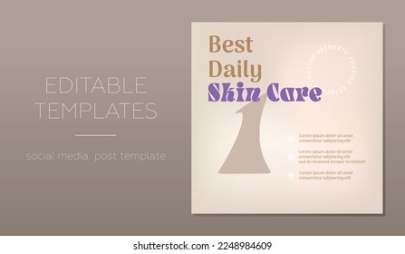 Editable skincare social media post template. Best daily skin care template. Grainy gradient background. Vector, gradient mesh.