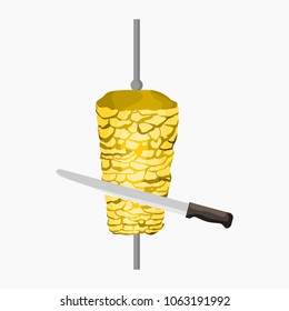 Editable Slicing Turkish Kebab With Long Knife Vector Illustration for Artwork Element of Food With Ottoman Turkish Culture and Tradition Related Design