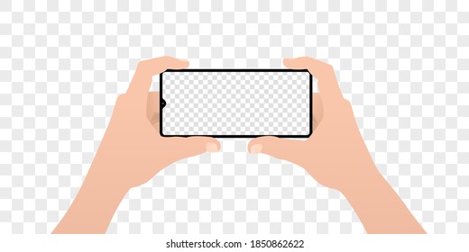 Editable Smartphone Template Mockup. Hold Phone Horizontally with Both Hands with Transparent Screen Closeup. Viewing Content, Photos, Videos, Chatting. Learning Concept, Greeting Online. Vector