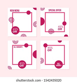 Editable Social media banner. Social media post with pink color concept and square, spiral, circle shape. Suitable for food promotion. Discount banner vector illustration