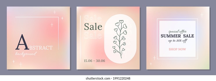 Editable social media frames, post templates. Gradient Aesthetic, elegant background. Futuristic vibe Layout for business:  new, sale, shop, follow. For fashion shops, brand, online coach.Set of 3