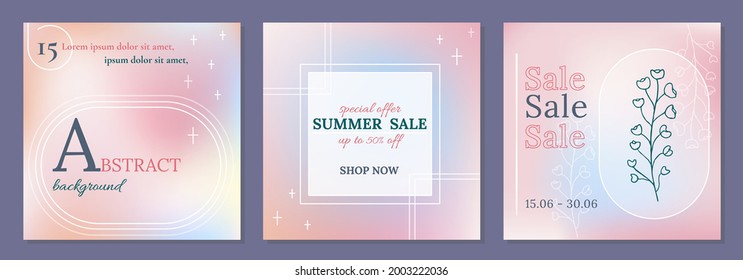 Editable social media frames, post templates. Gradient Aesthetic, elegant background. Futuristic vibe Layout for business:  new, sale, shop, follow. For fashion shops, brand, online coach.Set of 3