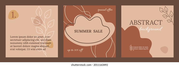 Editable social media frames, post templates. Beige, pastel, brown colors. Boho elegant background. Layout for business : sale, shop now. For fashion shops, brand. Set of 3. Square backgrounds