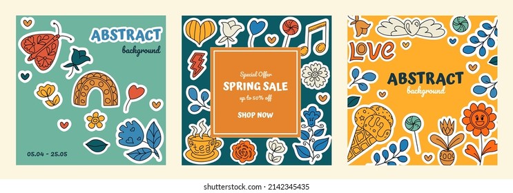 Editable social media frames, post templates. Positive, Groovy  background. Hippie 60s, 70s style. Relaxation, retro cartoon layout for business : sale, shop now. For fashion shops, brand. 