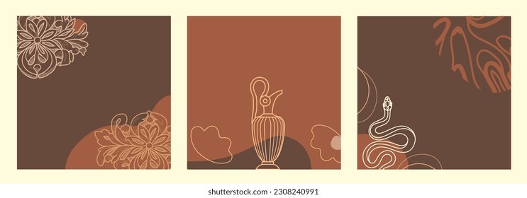 Editable social media frames, post templates. Beige, pastel, brown colors. Boho elegant background. Layout for business : sale, shop now. For fashion shops, brand. Set of 3. Square backgrounds