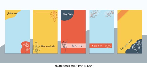 Marcos de medios sociales editables, plantilla de historias. Diseño de la historia de negocios: nueva llegada, nueva colección, venta, tienda ahora, síganos. Para tiendas de moda, marca. Conjunto de 5