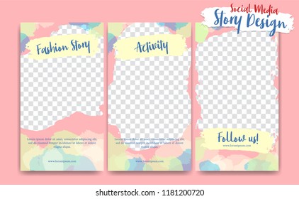 Editable Social Media Instagram Story Frame Template. Cute Soft Pastel Colorful Creative Paint Background