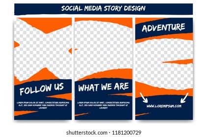 Editable social media instagram story for action adventure in orange blue color. Streaming post social media template frame with brush stroke shape