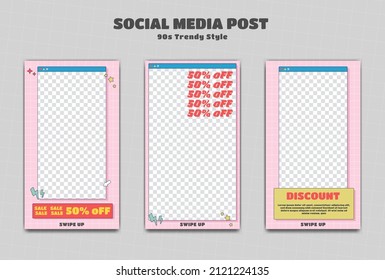 Editable social media instagram story post template set pink color with 90s retro trendy cartoon style