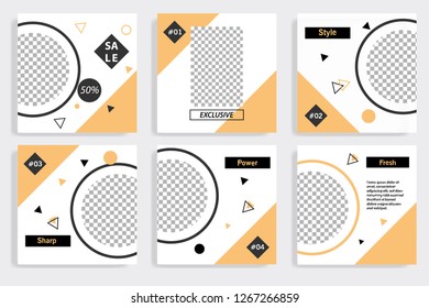 Editable social media pack template for post. Diagonal and circle frame with white background. Memphis pattern style, trendy and minimal design background.