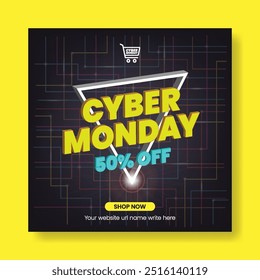 Editable Social Media Post Banner Template for Cyber Monday Sale Discount Offer, Square Flyer or Poster Design for E-commerce Promotions and Online Shopping Ads  banner design with modern creative col