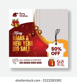Editable social media post banner, ads template for Christmas sale promotion advertisement, Christmas sale discount offer square flyer or poster and web banner design
