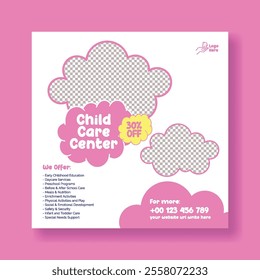 Editable social media post banner ads, promotional advertisements or web banner template for kindergarten and nursery pre-school design, Childcare center and babysitter square flyer or poster template