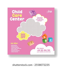 Editable social media post banner ads, promotional advertisements or web banner template for kindergarten and nursery pre-school design, Childcare center and babysitter square flyer or poster template