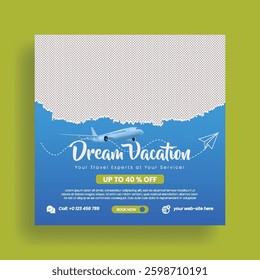 editable social media post banner template for Tour and travel agency company, Summer travel sale ad design, hotel and resort marketing square flyer or poster design