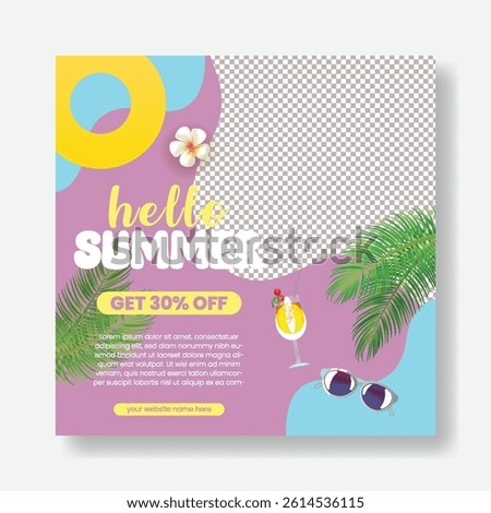 Editable social media post, banner, ad template for summer sale discount offer for promotional summer advertising, summer beach pool party social media post, web banner design with tropical background