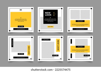 editable social media post layout for black and yellow background color with rectangle line shape. fashion sale promotion arrival square post web internet ads. discount fashion sale bundle set. 