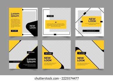 diseño editable de publicaciones en medios sociales para color de fondo negro y amarillo con forma de línea rectangular. promoción de venta de moda llegada plaza publicar anuncios de internet web. conjunto de paquetes de venta de moda de descuento. 