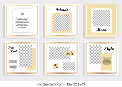 Editable social media post template in six set. Golden frame with gold and white background. Modern trendy and minimal background.