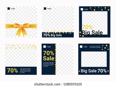 Editable social media post template. Social banners for Digital Marketing. Celebration gold banner set with stars and ribbon.