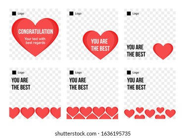 Editable social media post template with red hearts. Social banners for Digital Marketing. Valentine's day banners. Love cards.