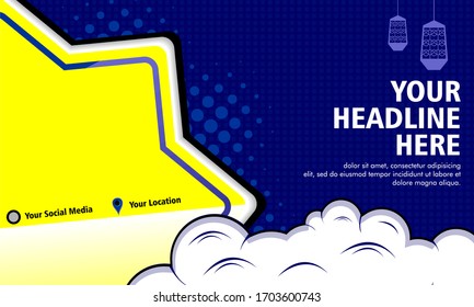 Editable social media post template for Ramadan season with comic pop art style design. Islamic social media banner for digital marketing. Vector illustration