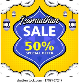 Editable social media post template for Ramadan season with comic pop art style design. Islamic social media banner for digital marketing. Vector illustration