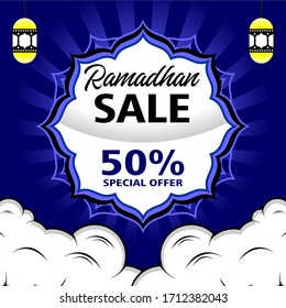 Editable social media post template for Ramadan season with comic pop art style design. Islamic social media banner for digital marketing. Vector illustration