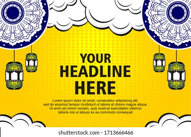 Editable social media post template for Ramadan season with comic pop art style design. Islamic social media banner for digital marketing. Vector illustration