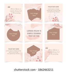 Editable social media post template with place for photo. Set of abstract pink pastel watercolor backgrounds with floral elements. Square puzzle feed layout. Social networks posts pack