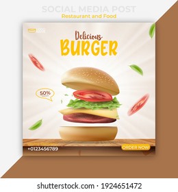 Editable Social Media Post Template. Burger Or Fast Food Banner Ads. Illustration Vector With Realistic Burger