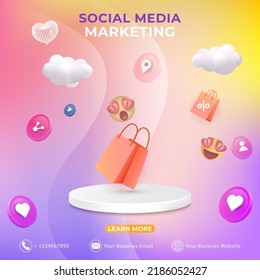 Editable Social Media Post Template. 3D Social Media Marketing Banner Ads With Icon Bag