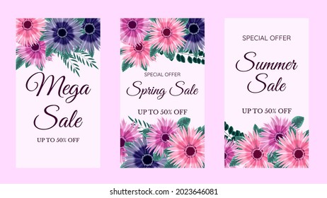 Plantillas editables de publicaciones en redes sociales, historias, diseño de colecciones de historias, anuncio de diseño floral para la venta, descuentos, cupones, llegada de nuevas existencias, lanzamiento de productos, anuncios de promoción