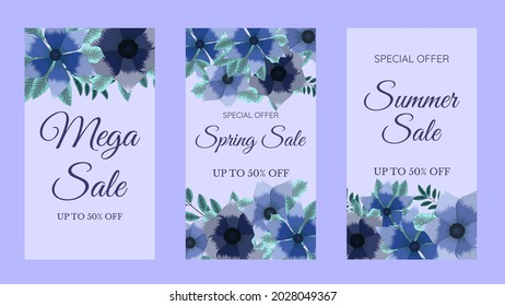 Editable social media post templates, stories, story collections layout, Floral design for sale announcement, discounts, coupons, new stock arrival, product launch, promotion ads