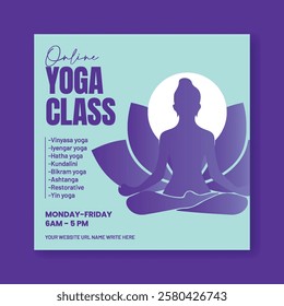 editable social media posts, ads, banner for Yoga studio or meditation class, social media square flyer or poster, promotional yoga advertising template with yoga girl poses illustration background