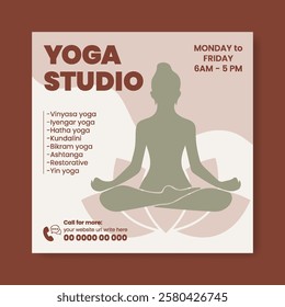 editable social media posts, ads, banner for Yoga studio or meditation class, social media square flyer or poster, promotional yoga advertising template with yoga girl poses illustration background