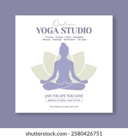 editable social media posts, ads, banner for Yoga studio or meditation class, social media square flyer or poster, promotional yoga advertising template with yoga girl poses illustration background