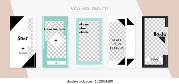 Editable Social Media Stories Template. Graphic Advert Design Pack. Simple App Kit, Grey Blue Green Rich VIP Geometric Cover Patterns. Blogger Cards Vector Set. Social Media Stories Templates