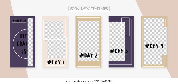 Editable Social Media Stories Template. Graphic Apps Design Pack. Blogger Design Vector Set. Tech App Kit, Grey Blue Green Elegant Geometric Cover Patterns. Social Media Stories Simple Set